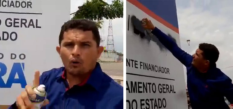 Santarém: Homem denuncia suposta irregularidade em placa do governo do Pará e afirma que teve casa invadida por delegados: placa é mudada